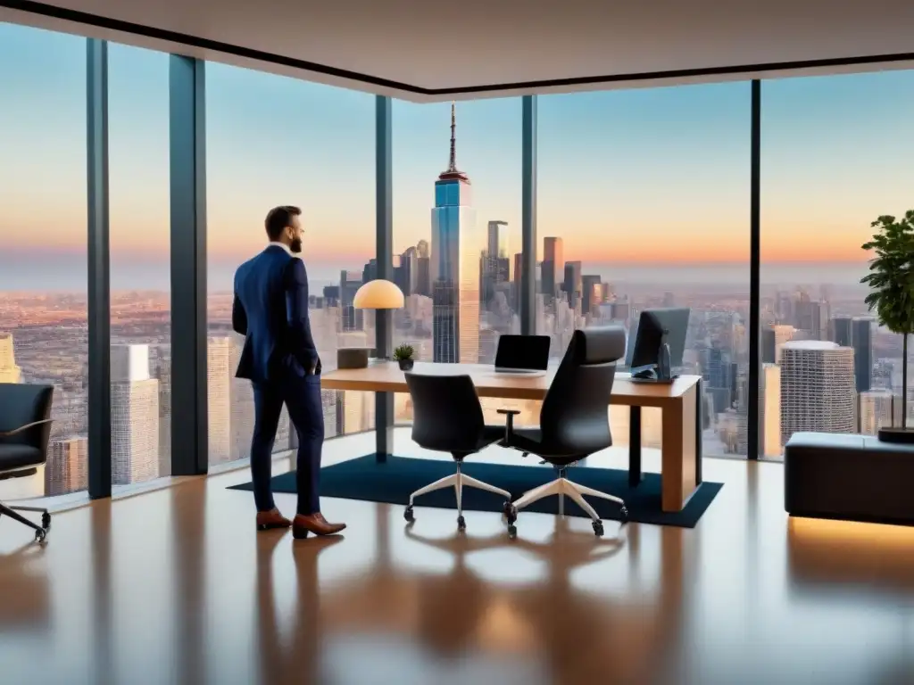 Oficina inmobiliaria moderna con vista panorámica de la ciudad Oficina inmobiliaria moderna con vista panorámica de la ciudad y profesionales en reunión