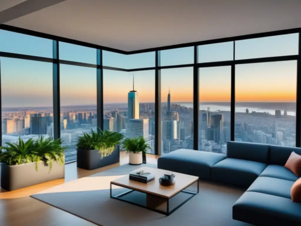 Oficina inmobiliaria moderna y vibrante: éxito y colaboración Una oficina inmobiliaria moderna con vista panorámica de la ciudad