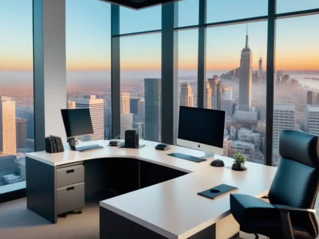Oficina inmobiliaria moderna con vista urbana en 8K Oficina inmobiliaria moderna con vista a la ciudad