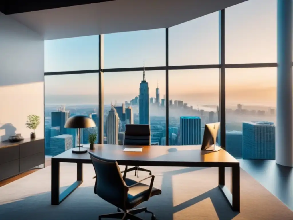 Oficina inmobiliaria moderna con vistas panorámicas y toques verdes Oficina inmobiliaria moderna con vista panorámica de la ciudad, decoración minimalista y toques de verde