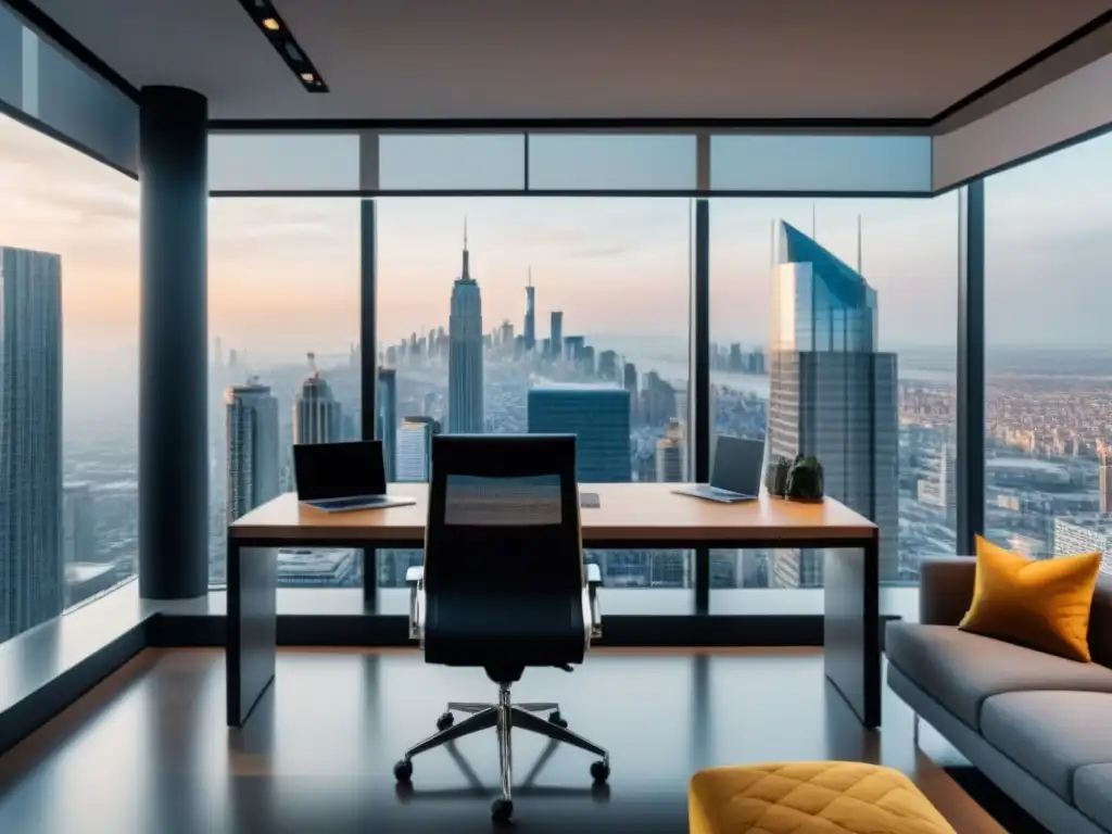 Oficina inmobiliaria moderna en 8k: SEO y tecnología Oficina inmobiliaria moderna con vista a la ciudad y equipo enfocado en estrategias de SEO y redes sociales