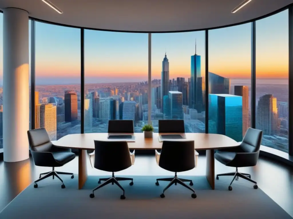 Oficina inmobiliaria moderna con vista a la ciudad Oficina inmobiliaria moderna con vista a la ciudad, profesionales en reunión