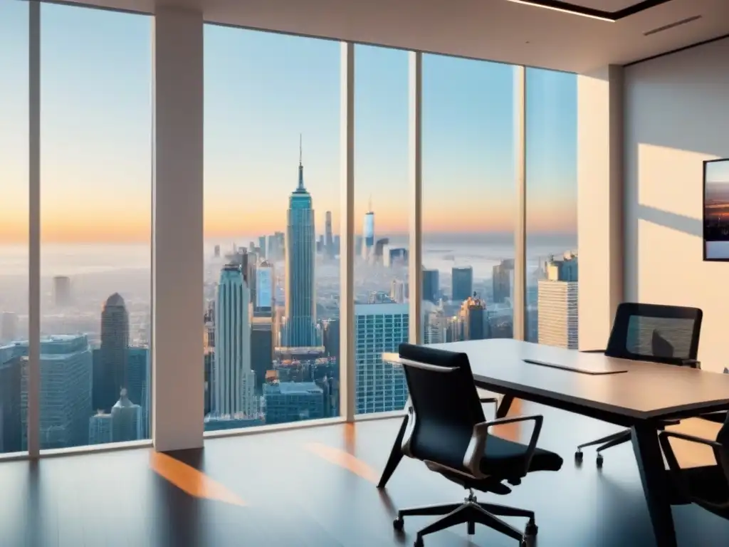 Oficina inmobiliaria moderna con vista panorámica de la ciudad Una oficina inmobiliaria moderna con vista panorámica de la ciudad, profesionales en reunión estratégica