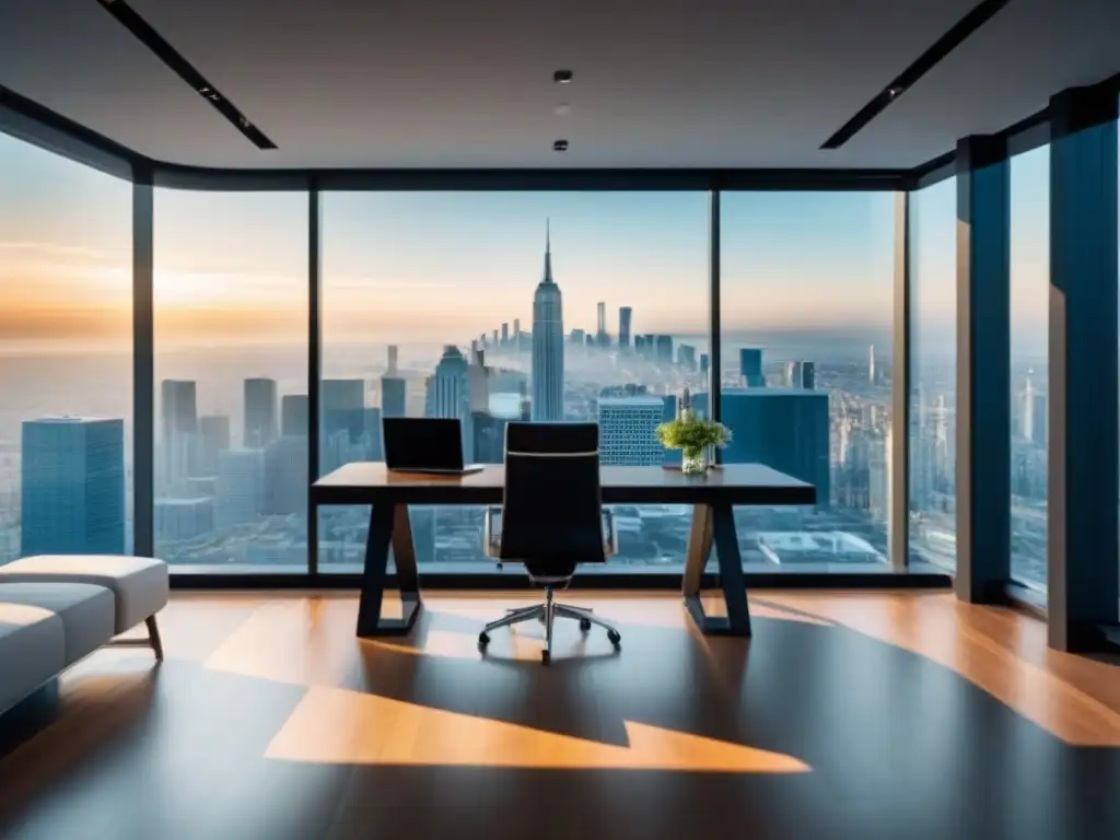 Oficina inmobiliaria moderna con vista a la ciudad Oficina inmobiliaria moderna con vista a la ciudad, mobiliario minimalista y pantalla digital