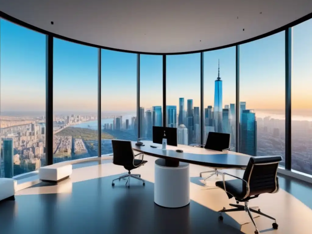 Oficina inmobiliaria moderna con vista panorámica de la ciudad Oficina inmobiliaria moderna con vista panorámica de la ciudad y equipos de video marketing