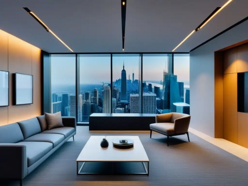Oficina inmobiliaria moderna con CRM interactivo y vista a la ciudad