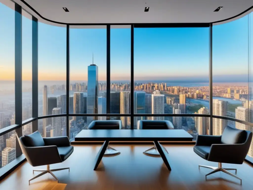 Oficina inmobiliaria moderna y sofisticada con vista a la ciudad Oficina inmobiliaria moderna con vista a la ciudad, equipo diverso discutiendo: estrategias de marketing inmobiliario y personalización