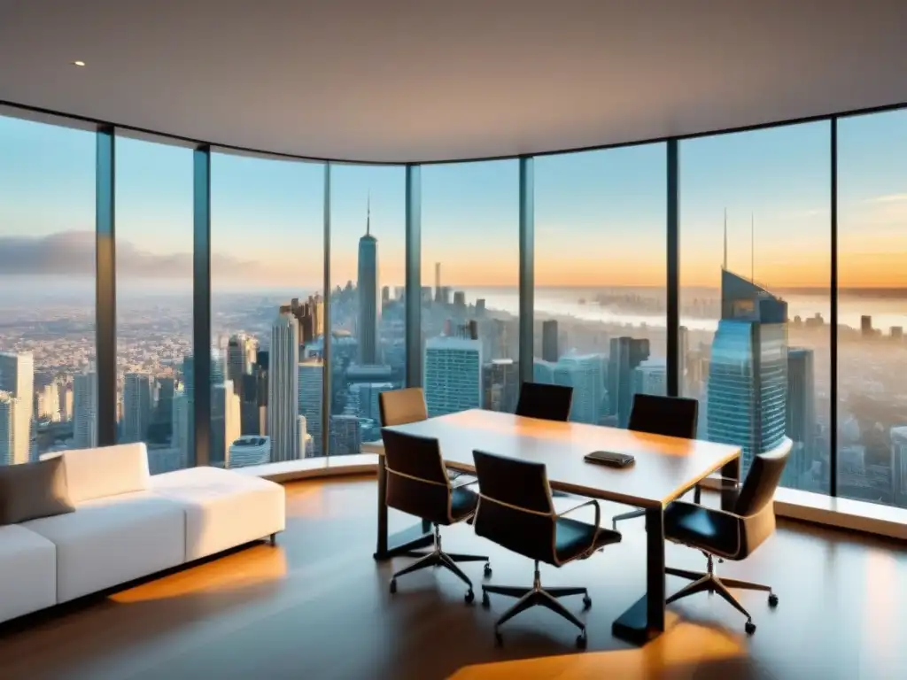 Oficina inmobiliaria de lujo con vista panorámica de la ciudad Oficina inmobiliaria moderna con vista panorámica de ciudad internacional, profesionales en reunión