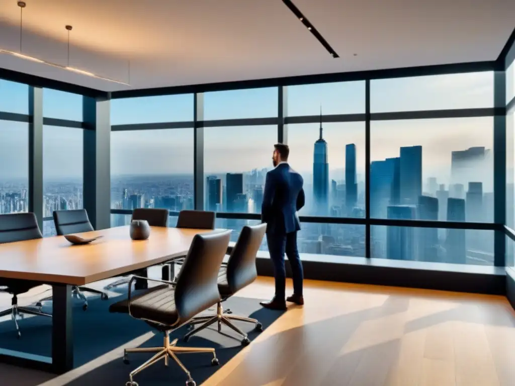 Oficina inmobiliaria de lujo en el centro de la ciudad Oficina inmobiliaria moderna con vista panorámica y equipo discutiendo estrategias de marketing para atraer compradores internacionales
