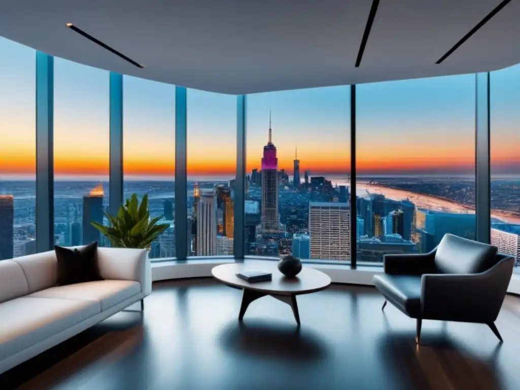 Oficina inmobiliaria de lujo con vista panorámica a la ciudad Oficina inmobiliaria moderna con vistas panorámicas a la ciudad a través de ventanas de piso a techo