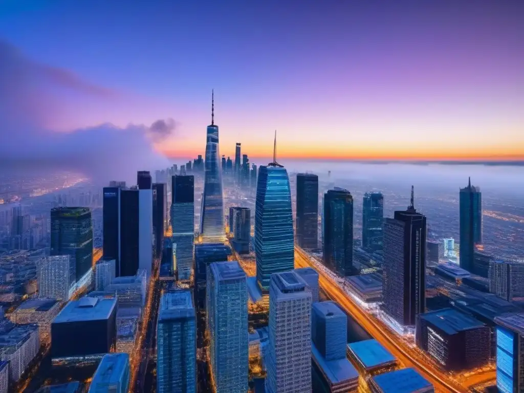 Oficina inmobiliaria digital en ciudad futurista Oficina inmobiliaria tecnológica en ciudad futurista iluminada al anochecer