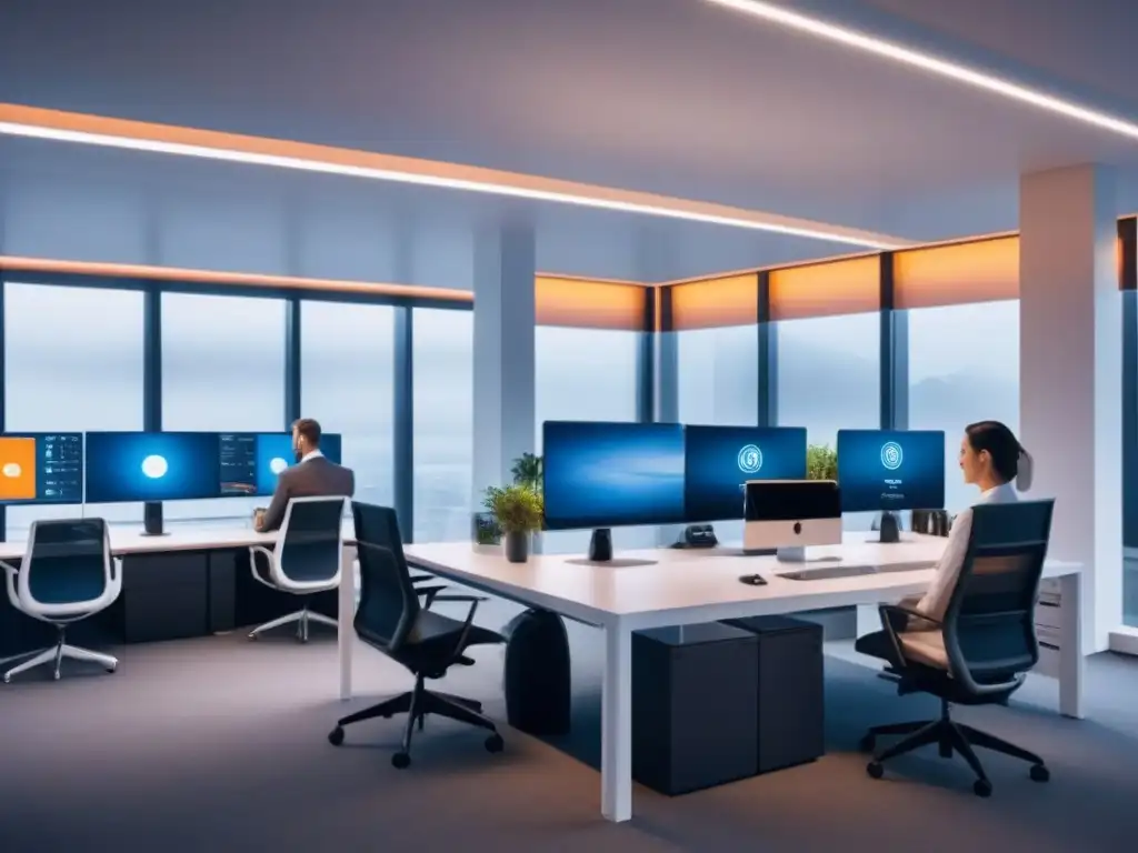 Oficina inteligente: IoT en acción con empleados colaborativos Oficina inteligente con IoT integrado en mobiliario moderno y profesionales colaborando: IoT en bienes raíces comerciales