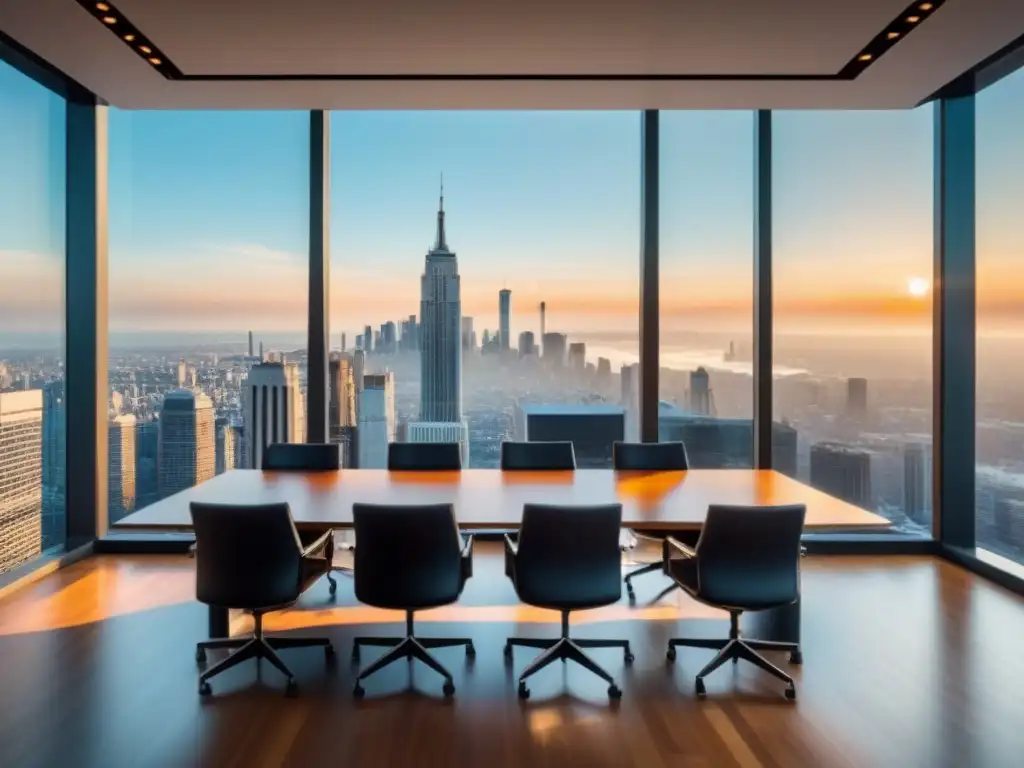Oficina de abogados moderna con vista a la ciudad Oficina legal moderna con vista a la ciudad, muebles contemporáneos y luz cálida en suelo de madera pulida