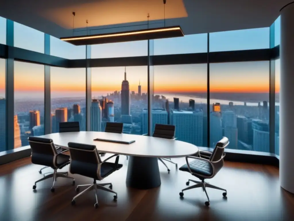 Moderna sala de juntas de oficina de lujo con vista a la ciudad Oficina de lujo en ciudad vibrante: mesa de conferencias pulida, sillas ergonómicas, pantallas de alta tecnología