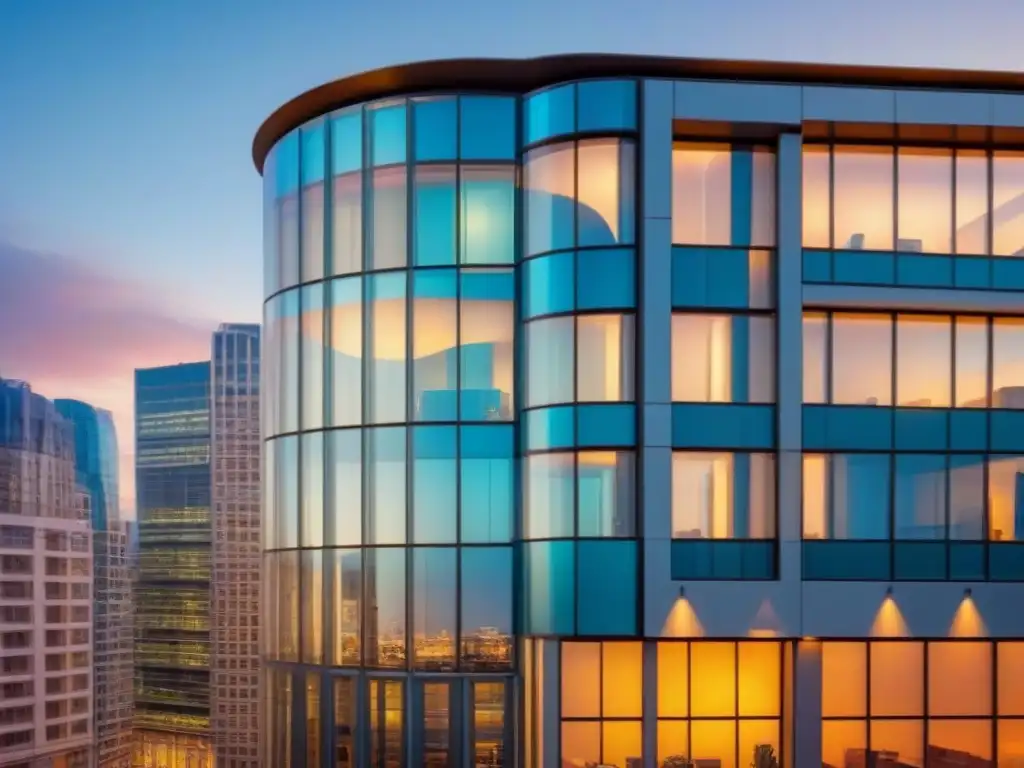 Edificio moderno de oficinas con diseño elegante y luminoso Oficina de lujo con diseño arquitectónico elegante y estrategias legales fiscales inversión inmobiliaria en la ciudad al atardecer