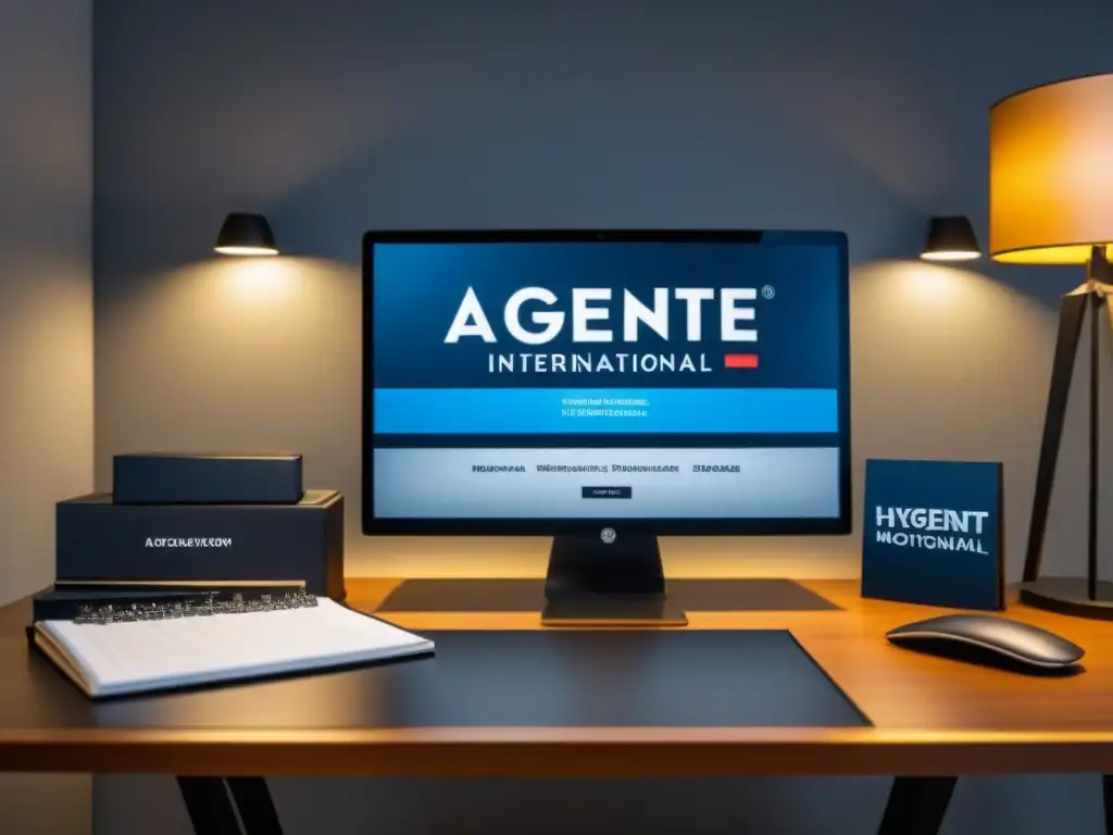 Oficina de Agente Hipotecario Internacional: Elegancia y Profesionalismo Oficina de lujo con escritorio moderno, computadora de alta gama y globo terráqueo