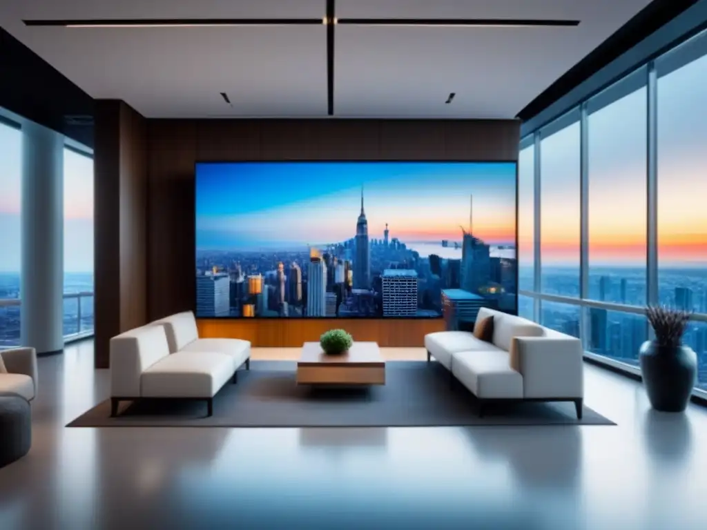 Oficina moderna de lujo con vista a la ciudad: tecnología y arte elegante Oficina de lujo con vista a la ciudad, muebles elegantes y tecnología moderna, reflejando un negocio inmobiliario escalando con soluciones en la nube