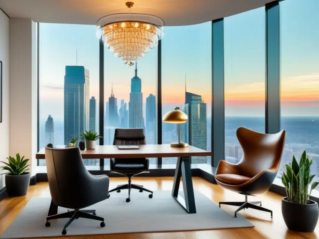 Oficina de lujo con vista a la ciudad para inversiones inmobiliarias Oficina de lujo con vista a la ciudad, muebles elegantes, arte abstracto y plantas