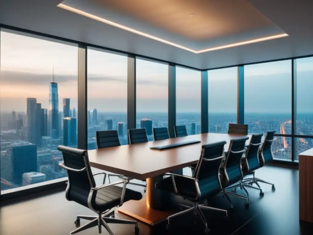 Oficina de lujo con vista panorámica: modernidad y elegancia Oficina de lujo con vista a la ciudad, diseño elegante y branding de firma de inversiones inmobiliarias Ética y compliance