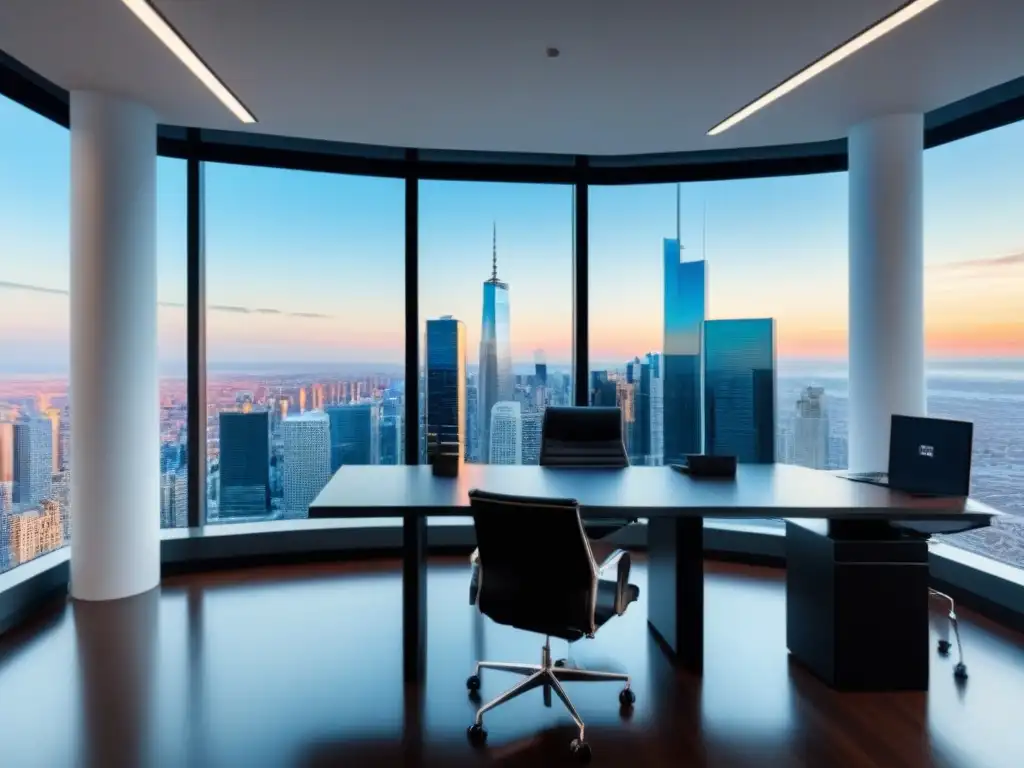 Oficina de lujo con vista panorámica a la ciudad y diseño moderno Oficina de lujo con vista a la ciudad, muebles modernos y elegantes, ideal para inversiones inmobiliarias offshore precauciones
