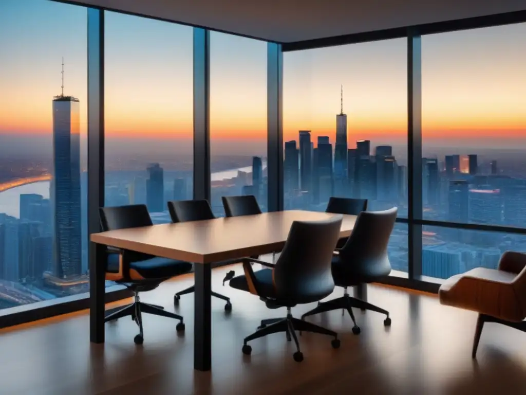 Oficina de lujo con vista panorámica a la ciudad al atardecer Una oficina de lujo con vistas a la ciudad al atardecer