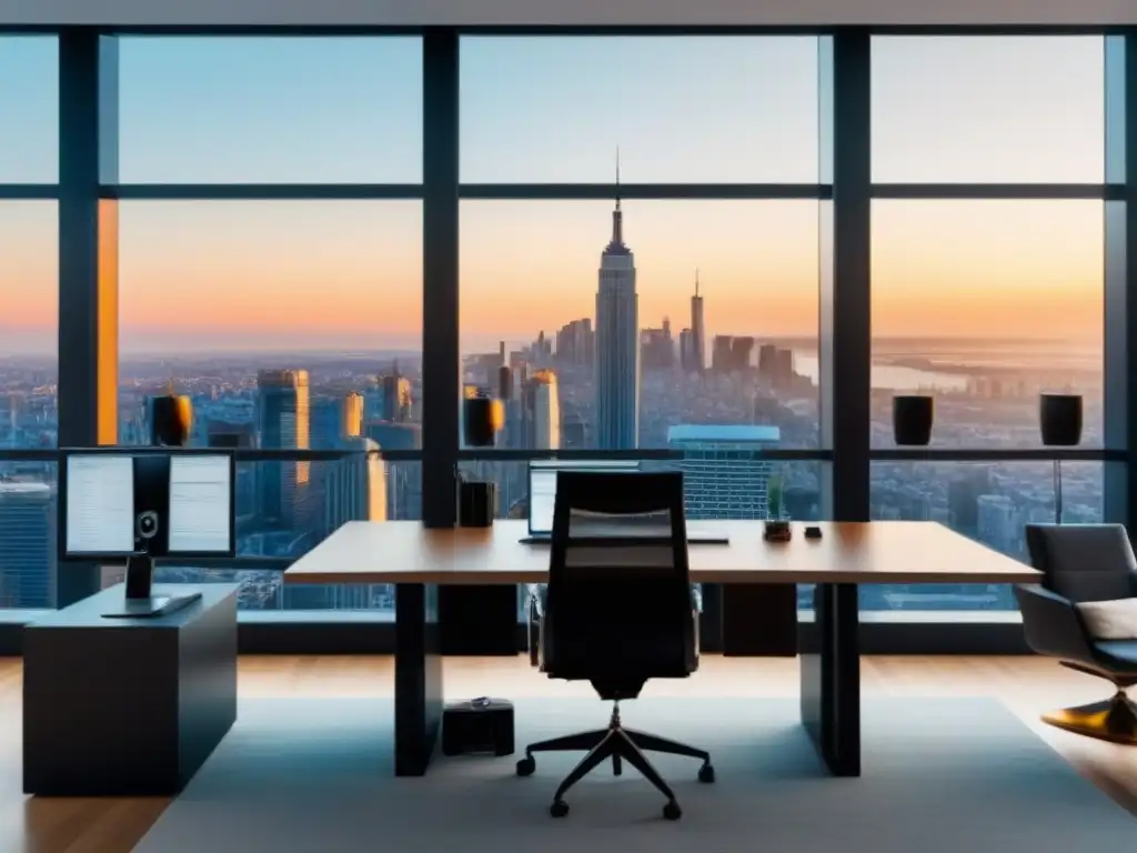 Oficina moderna de lujo con vista a la ciudad: sofisticación y éxito Oficina lujosa con vista a la ciudad, muebles modernos y gadgets de alta tecnología, simbolizando estrategias rentabilidad mercado inmobiliario internacional