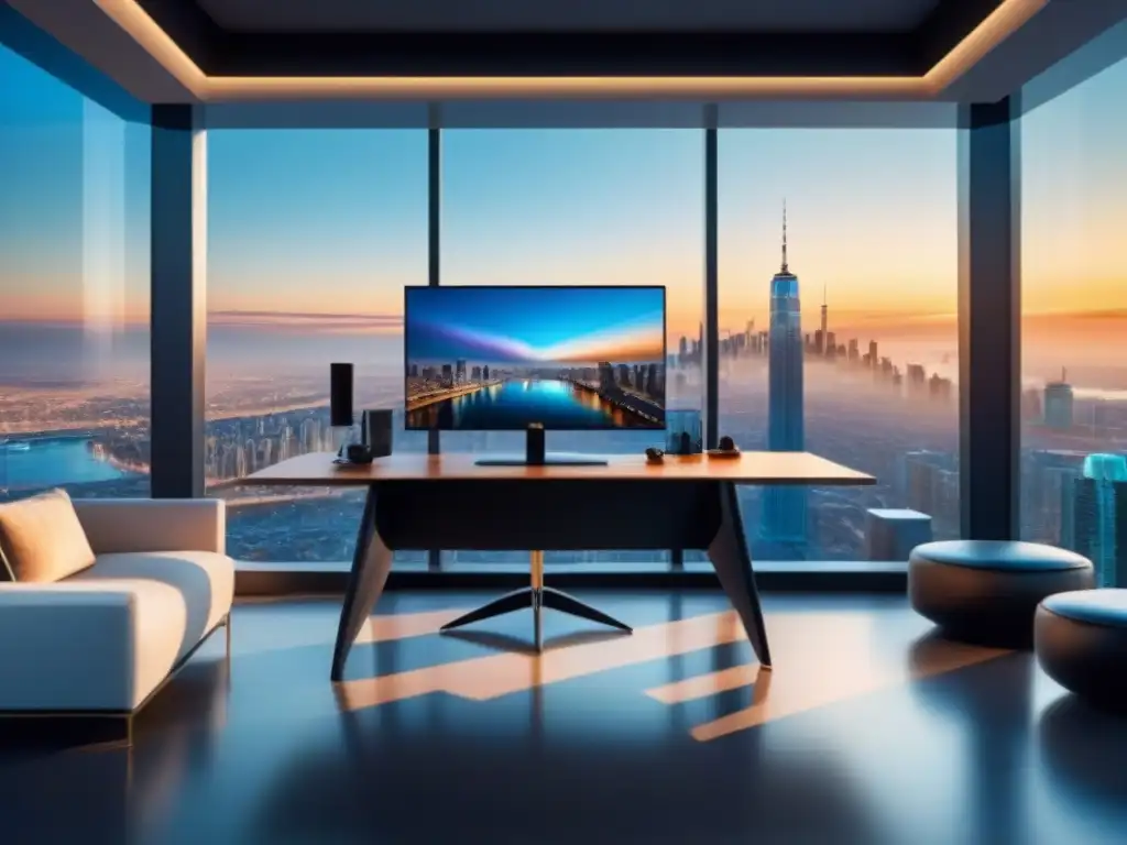 Oficina inmobiliaria futurista y lujosa con vista urbana Oficina de marketing inmobiliario internacional personalizado con diseño futurista y vista a la ciudad