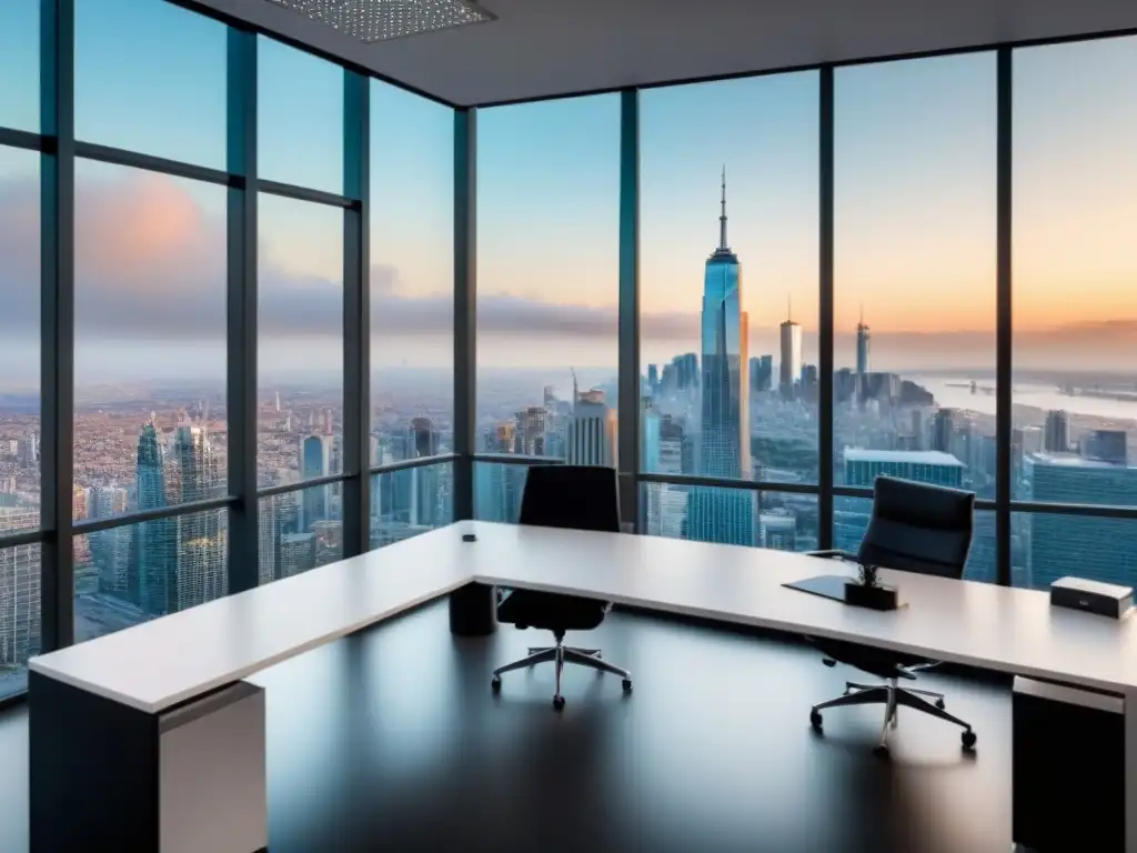 Oficina inmobiliaria moderna con vista panorámica Oficina de marketing inmobiliario internacional personalizado con vista panorámica de la ciudad y mobiliario moderno