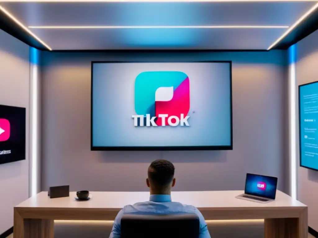 Oficina inmobiliaria moderna con logo de TikTok en pantalla gigante Oficina moderna de agencia inmobiliaria con logo de TikTok en pantalla digital