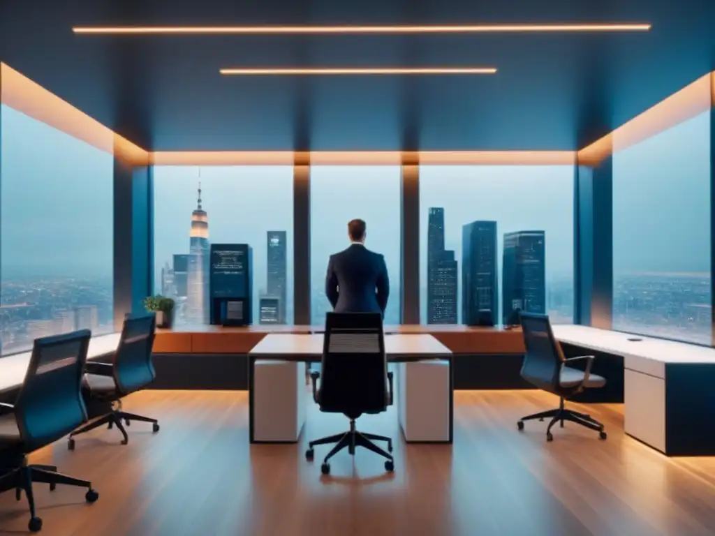 Oficina inmobiliaria moderna en la ciudad: diseño sofisticado y tecnológico Oficina moderna de agencias inmobiliarias en Norteamérica con tecnología de punta y diseño elegante