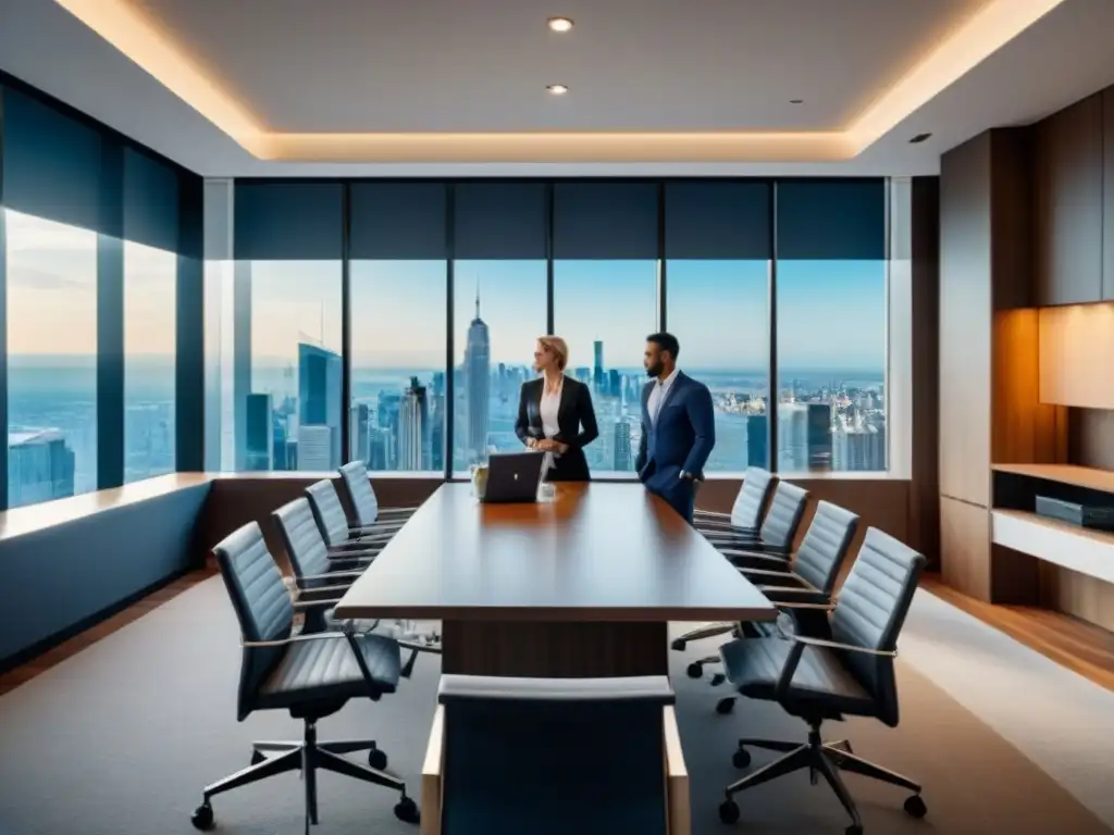Oficina de Asesores Inmobiliarios en Reunión Estratégica 'Oficina moderna con asesores inmobiliarios maximizando valor en M&A, rodeados de planos y gráficos financieros'