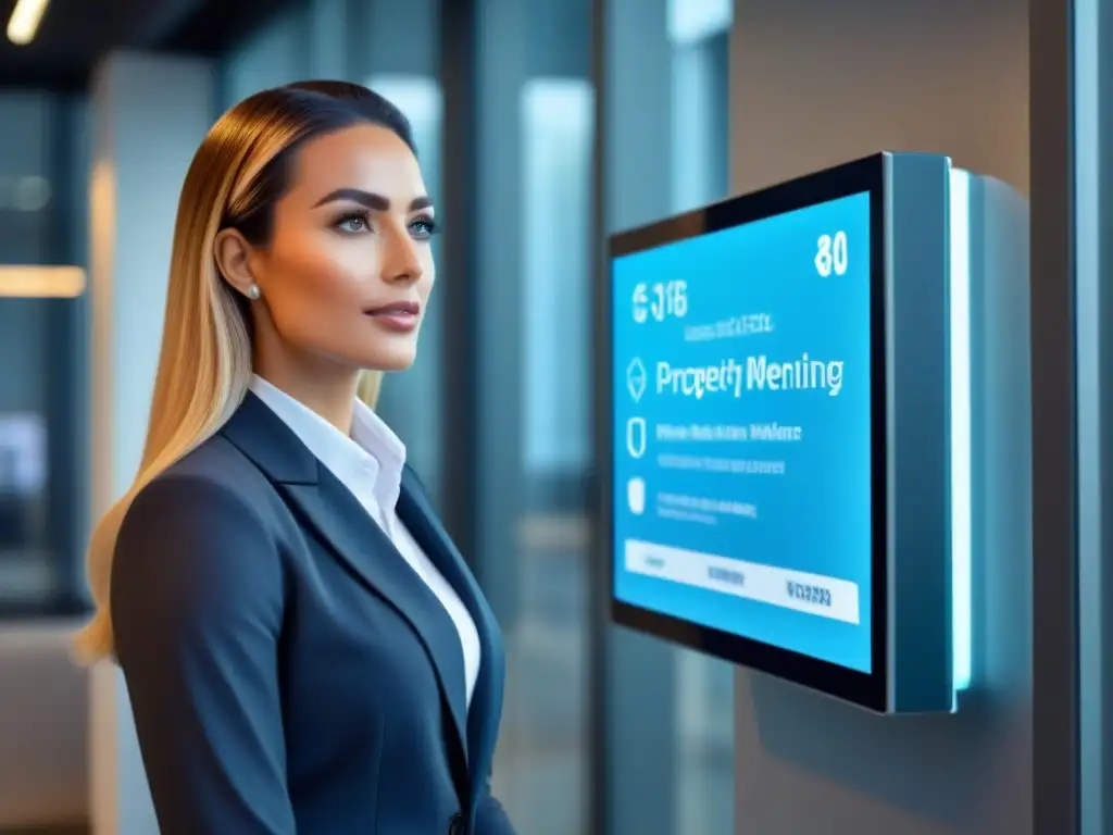 Lobby moderno con asistente virtual holográfico Oficina moderna con asistente virtual holográfico, integrando chatbots en gestión inmobiliaria internacional