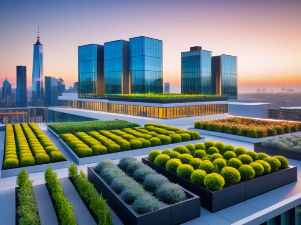 Edificio sostenible: diseño moderno con certificación LEED y BREEAM Oficina moderna con Certificaciones LEED y BREEAM inmobiliario, reflejando la sostenibilidad urbana al atardecer
