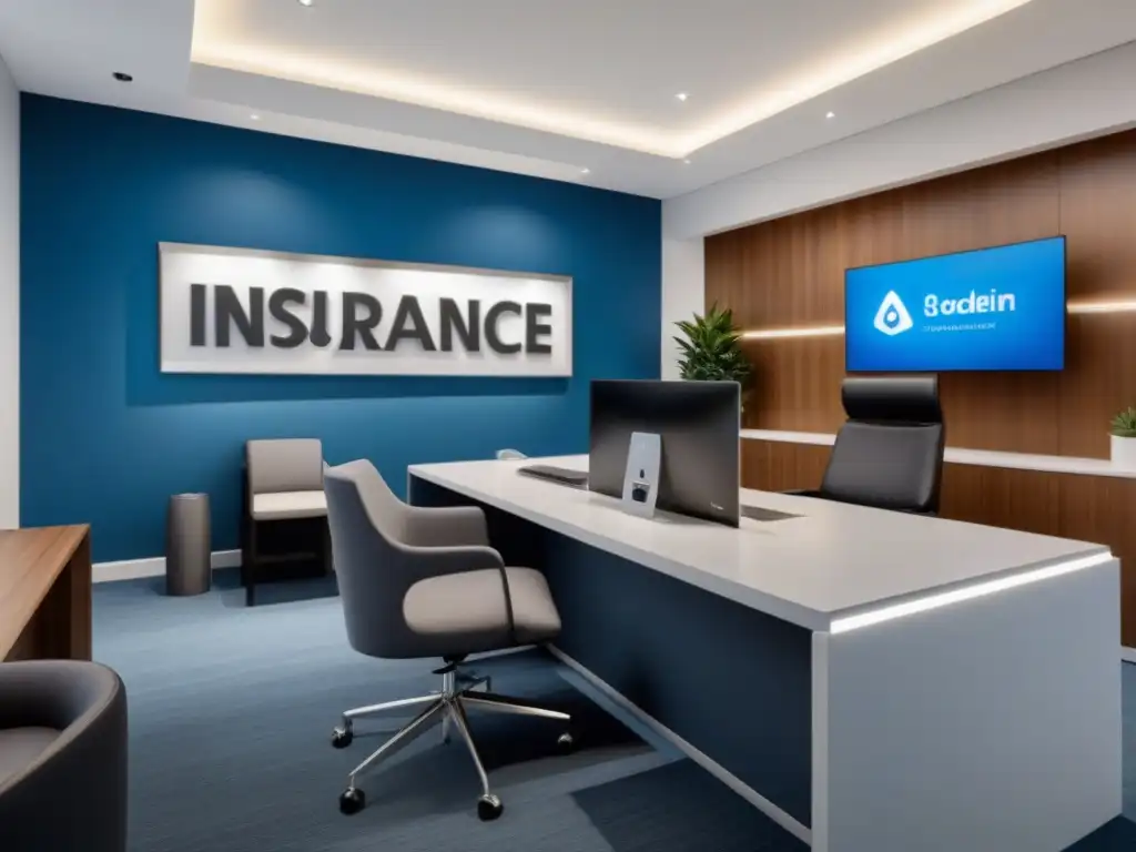 Oficina de corredor de seguros: moderna, profesional y confiable Una oficina moderna de corredor de seguros para propiedades comerciales internacionales con diseño elegante y profesional