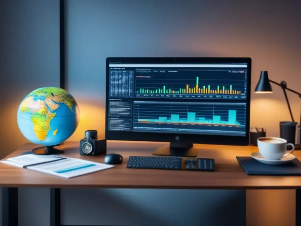 Oficina moderna: datos financieros en tiempo real para estrategias globales Oficina moderna con datos financieros en computadora y globo terráqueo, para estrategias inversión mercado inmobiliario internacional