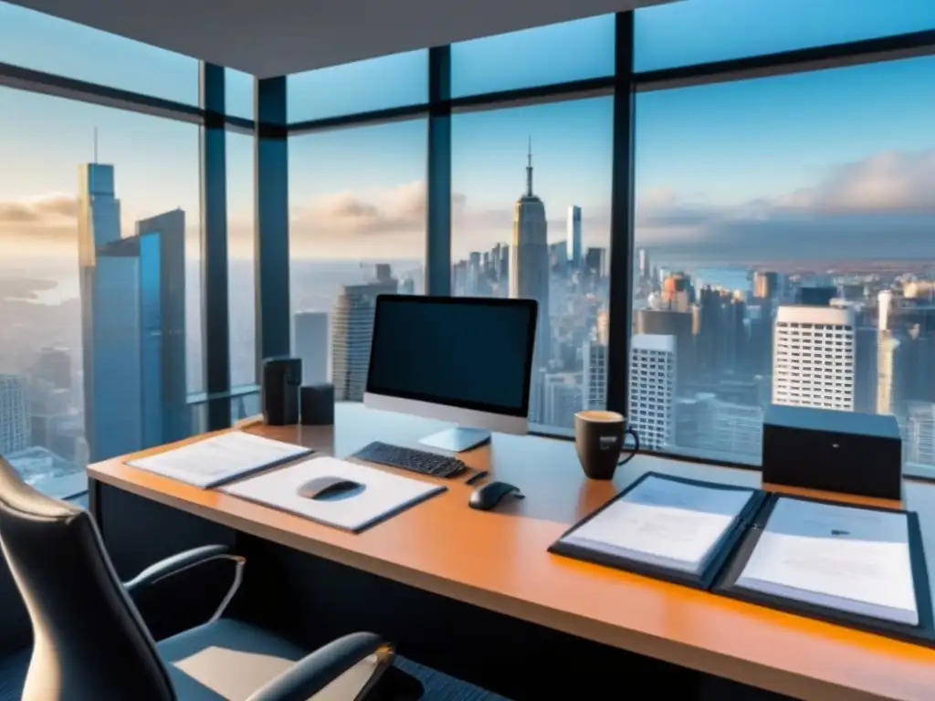 Oficina moderna con documentos de inversión y vista panorámica Oficina moderna con documentos de inversión, gráficos financieros y vista de ciudad