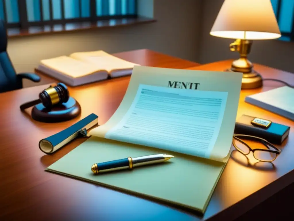Oficina legal: profesionalismo y propiedad en venta Oficina moderna con documentos legales, lupa y llaves, iluminada por lámpara, venta parcial inmobiliaria estrategias