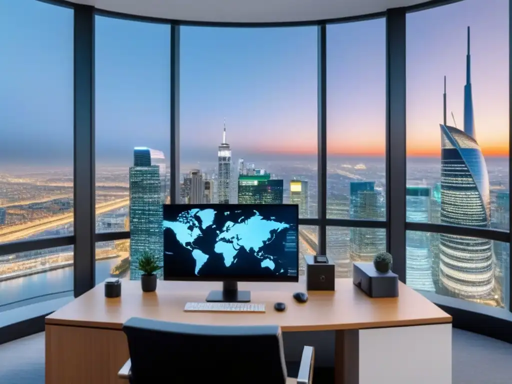 Oficina moderna: eficiencia y conectividad global en bienes raíces Oficina moderna con eficiencia y conectividad global en la automatización gestión inmobiliaria internacional