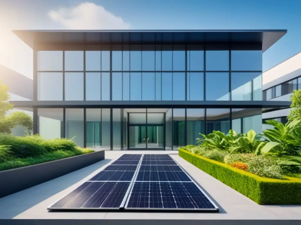 Edificio moderno y eficiente: diseño sostenible con energía renovable Oficina moderna y eficiente con diseño arquitectónico elegante, paneles solares, luz natural y vegetación