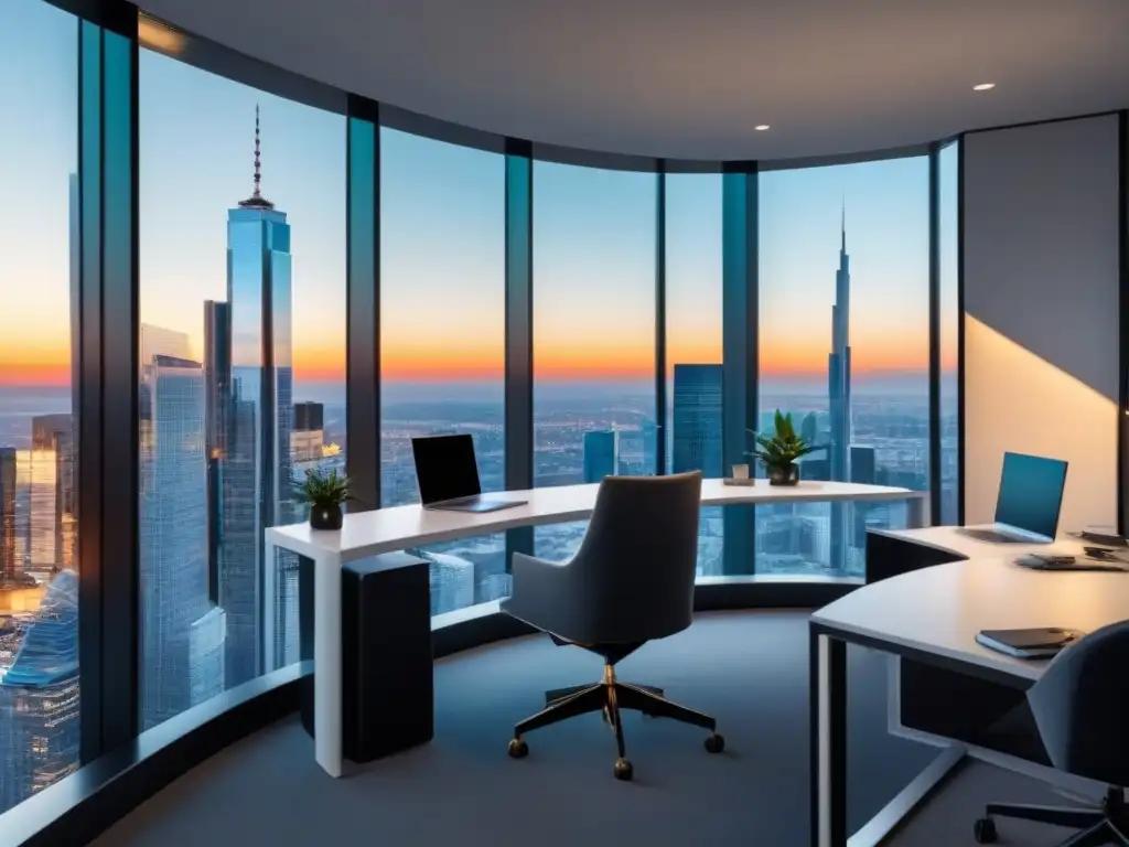 Oficina moderna con vista panorámica a la ciudad y tecnología de vanguardia Una oficina moderna y elegante con vista a la ciudad