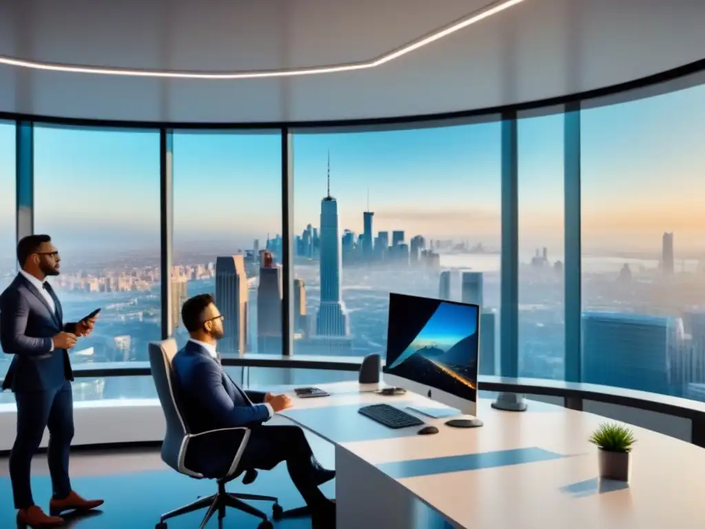 Oficina de marketing ultramoderna: estrategia creativa en la ciudad Oficina moderna con equipo diverso en sesión estratégica, ideas innovadoras en pizarra digital transparente, iluminada y profesional