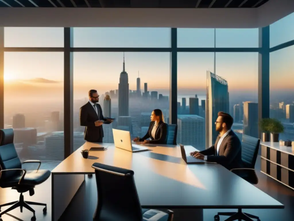Oficina moderna para brainstorming de marketing inmobiliario internacional Oficina moderna con equipo diverso en sesión de brainstorming sobre estrategia de publicidad pagada internacional inmobiliaria