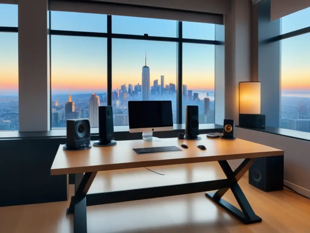 Estudio de podcasting de lujo en ciudad moderna Oficina moderna con equipo profesional de podcasting y vista panorámica de la ciudad