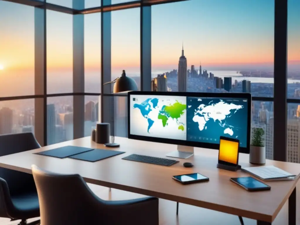 Escritorio de oficina global con gadgets de alta tecnología Oficina moderna con escritorio de mapa mundial, gadgets y vista urbana, para 'Estrategia inversión inmobiliaria internacional'