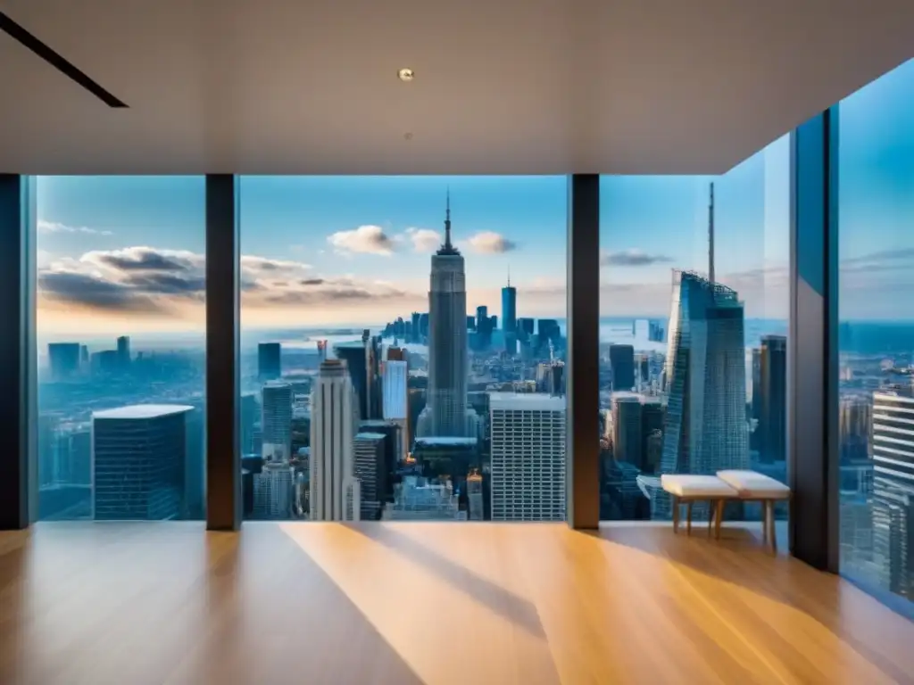 Inversión inmobiliaria: Edificio de oficinas de lujo en la vibrante ciudad Oficina moderna con fachada de vidrio, reflejando la ciudad