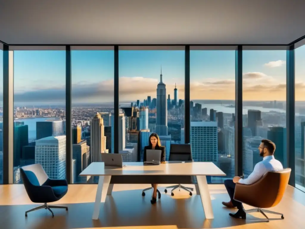 Oficina moderna con vista a la ciudad: innovación en bienes raíces Oficina moderna con influencers inmobiliarios colaborando en estrategias frente a la ciudad