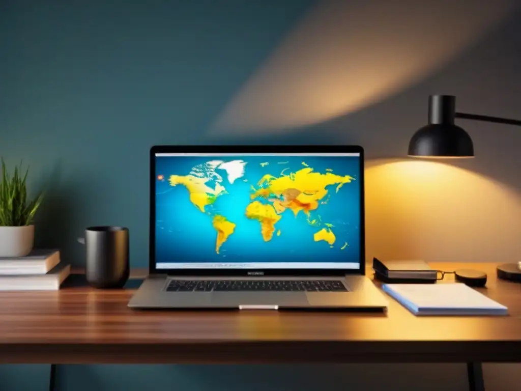 Oficina global: Oportunidades de inversión para extranjeros Oficina moderna con laptop, documentos financieros y mapa mundial, destacando oportunidades de inversión para hipotecas de inversionistas extranjeros