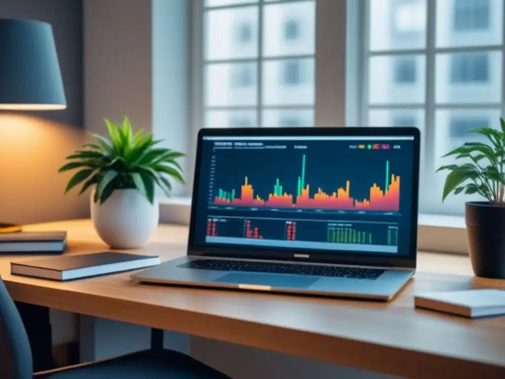 Oficina moderna con laptop, gráficos financieros y libros de inversión Oficina moderna con laptop, libros de inversión y planta, iluminada por luz natural