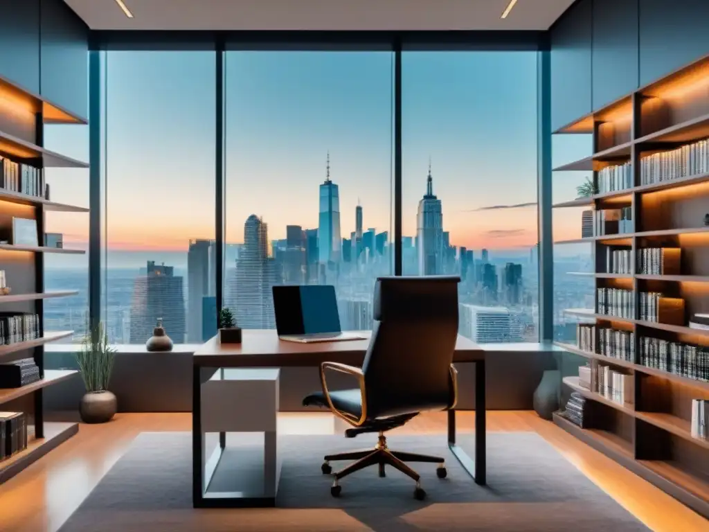 Oficina legal de lujo: moderna y sofisticada Oficina moderna de lujo con mobiliario elegante, ventanales con vista a la ciudad y una gran estantería de libros legales
