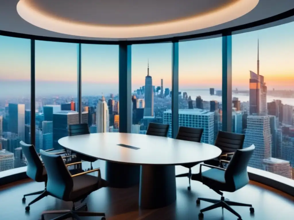 Oficina de lujo con tecnología de vanguardia y equipo diverso Una oficina moderna de lujo con paredes de cristal, vistas a la ciudad, pantalla digital de propiedades inmobiliarias y un equipo diverso en una animada reunión, rodeados de tecnología de vanguardia